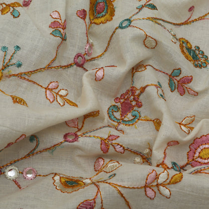 Off White Color Kora Cotton Embroidery Fabric