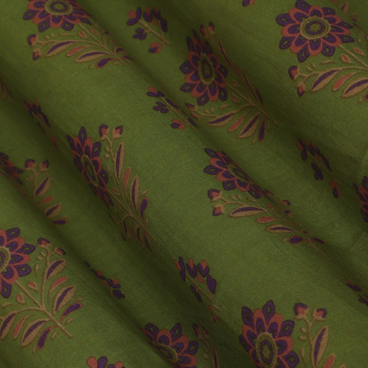 Grass Green Color Mulmul Print Fabric