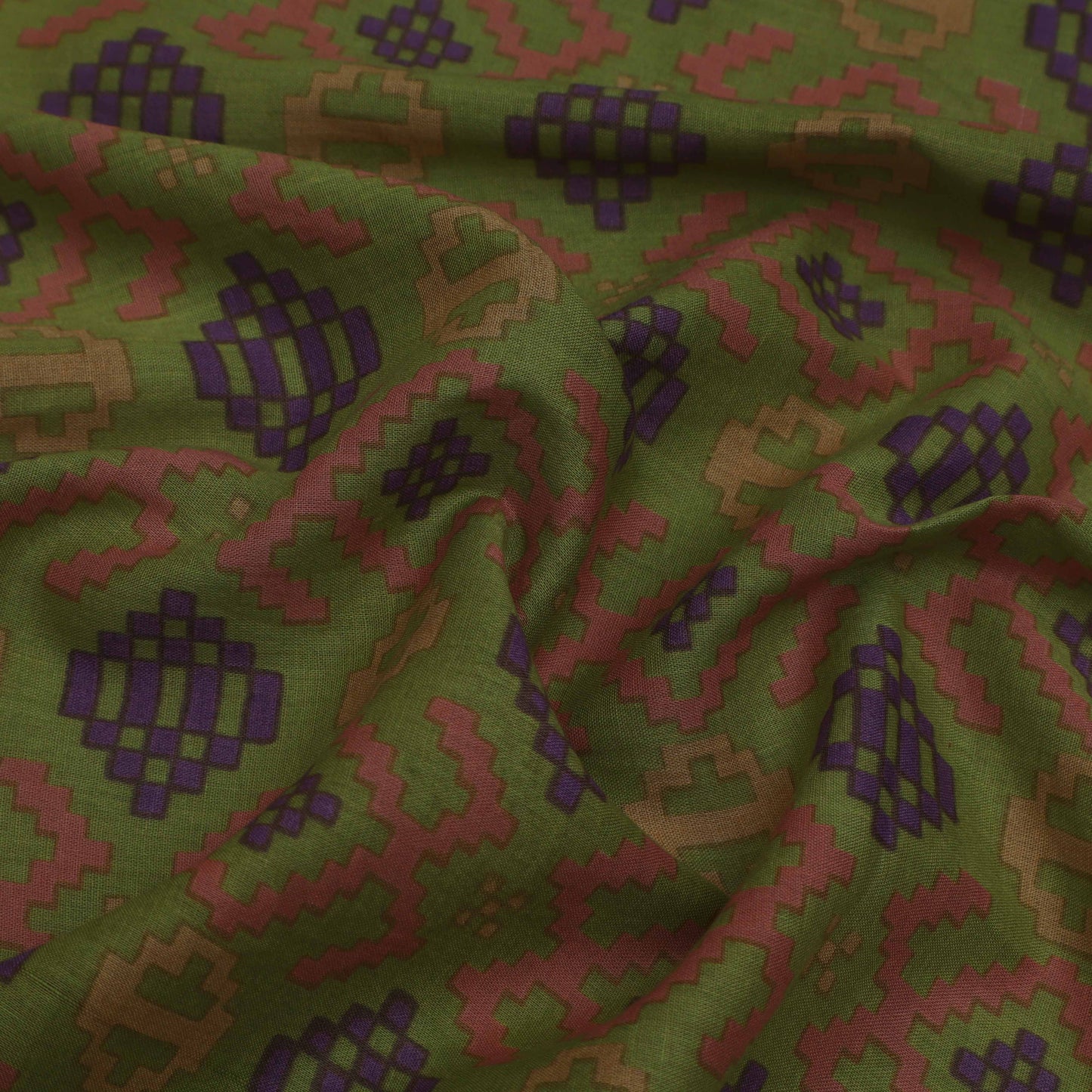 Olive Green Color Mulmul Print Fabric