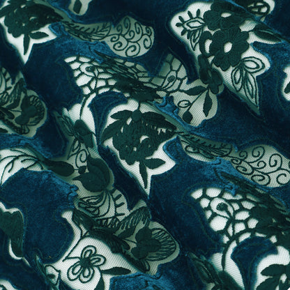 Teal Blue Velvet Net Embroidery