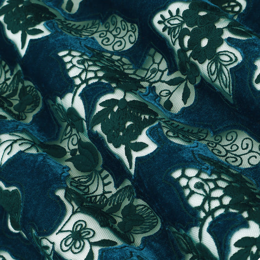 Teal Blue Velvet Net Embroidery
