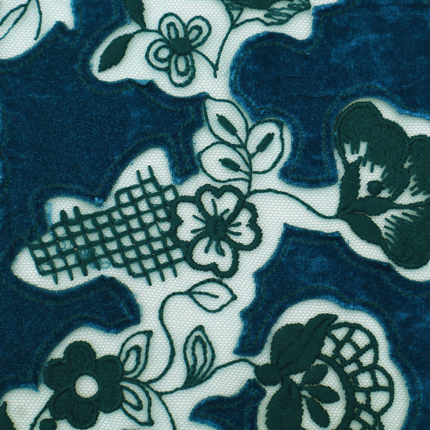 Teal Blue Velvet Net Embroidery