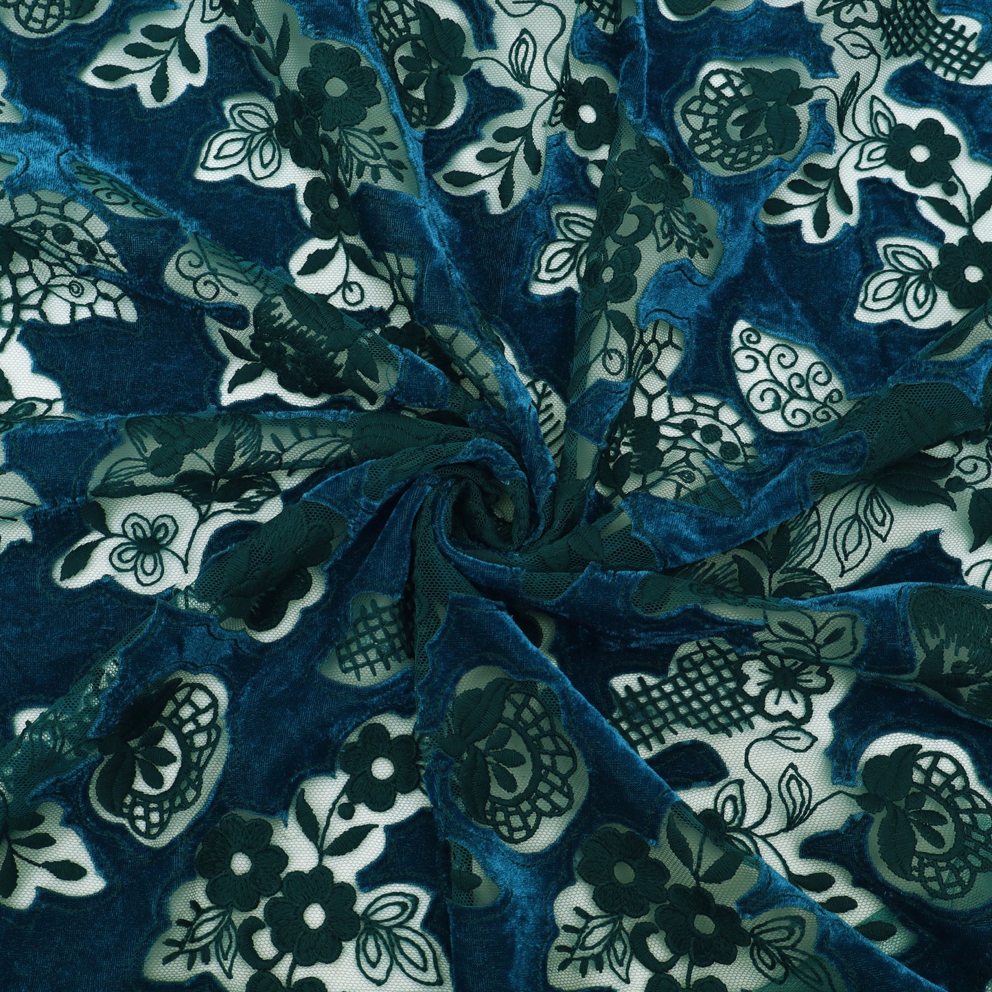 Teal Blue Velvet Net Embroidery