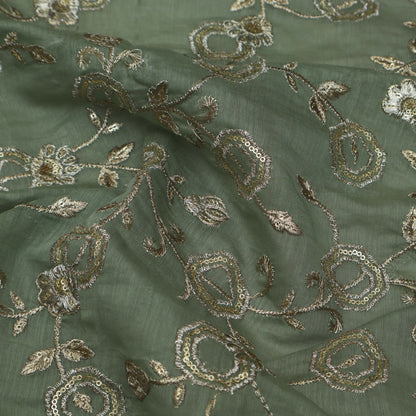 Sea Green Color Chanderi Embroidery Fabric