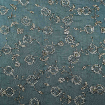 Sea Green Color Chanderi Embroidery Fabric