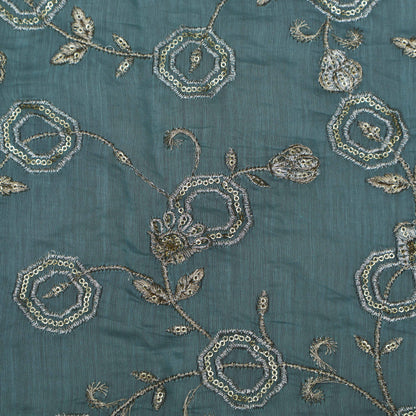 Sea Green Color Chanderi Embroidery Fabric