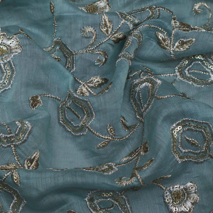 Sea Green Color Chanderi Embroidery Fabric