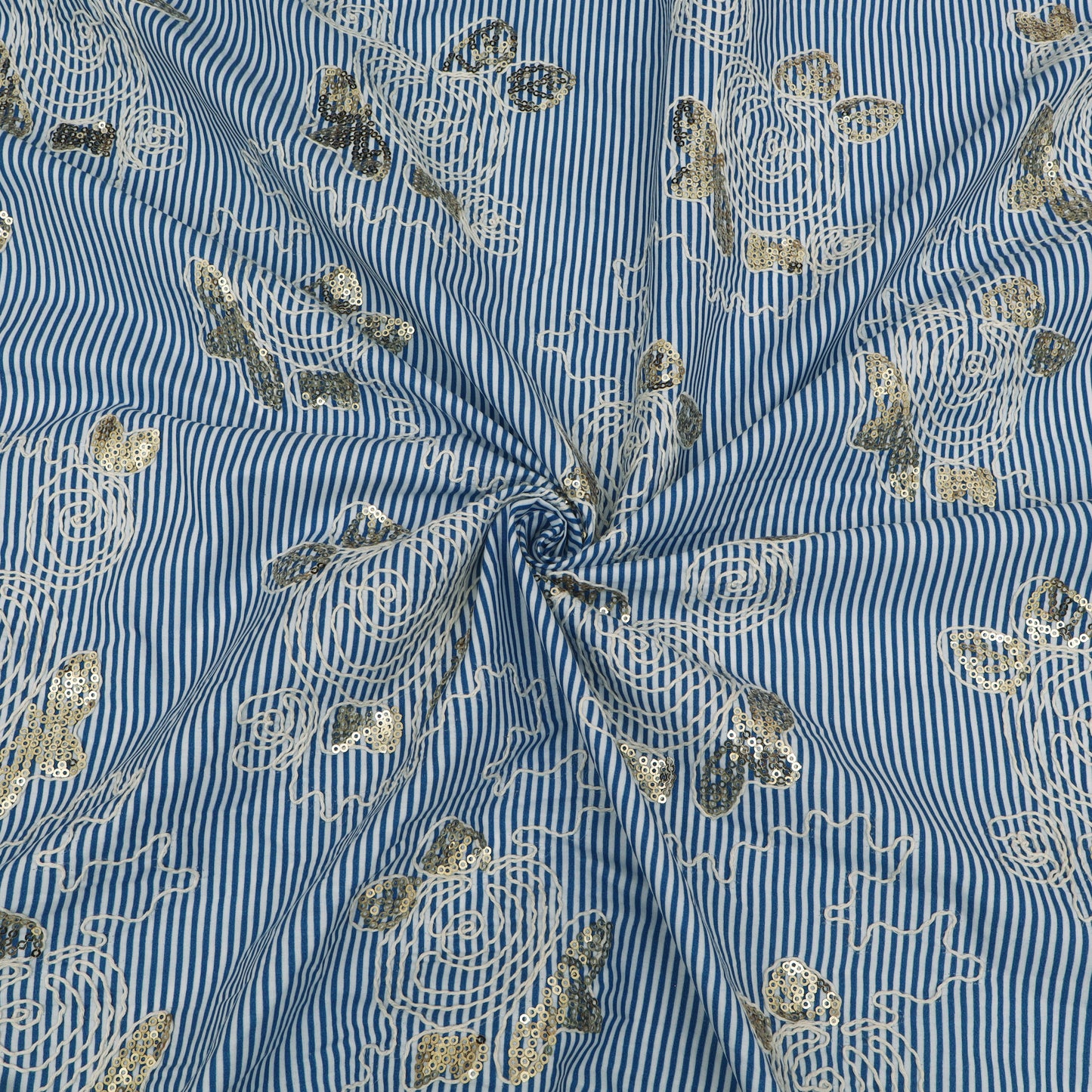 Cotton Sequins Stripe Embroidery Fabric