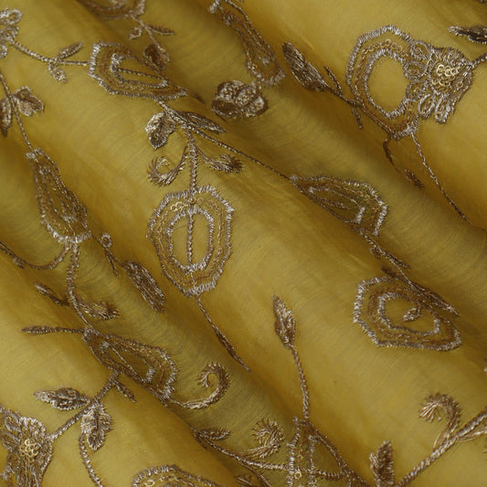 Mustard Color Chanderi Embroidery Fabric
