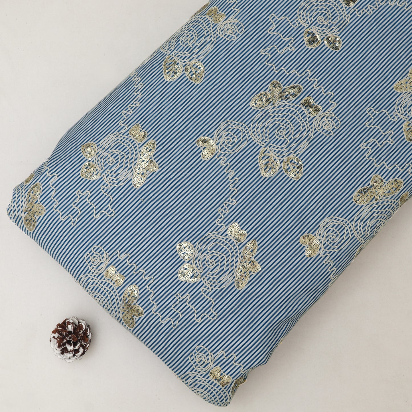 Cotton Sequins Stripe Embroidery Fabric