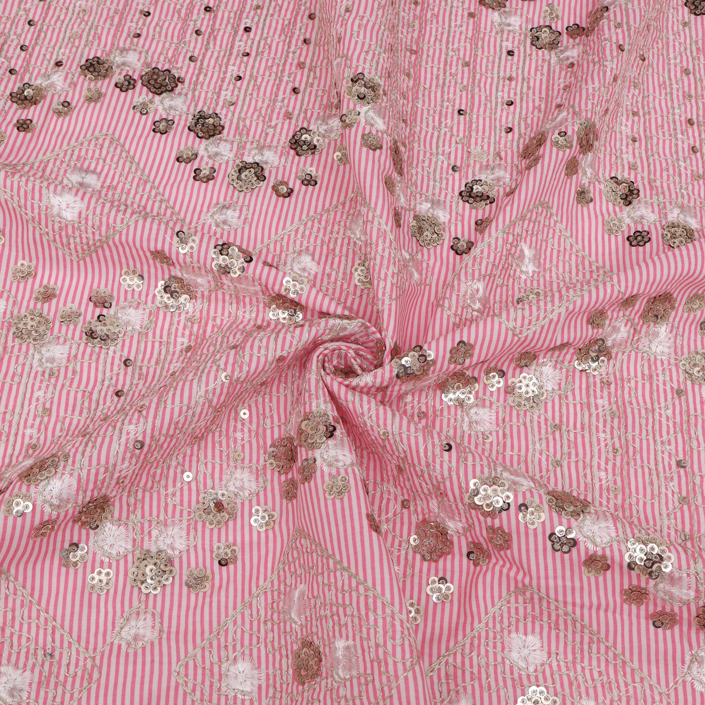 Cotton Sequins Stripe Embroidery Fabric