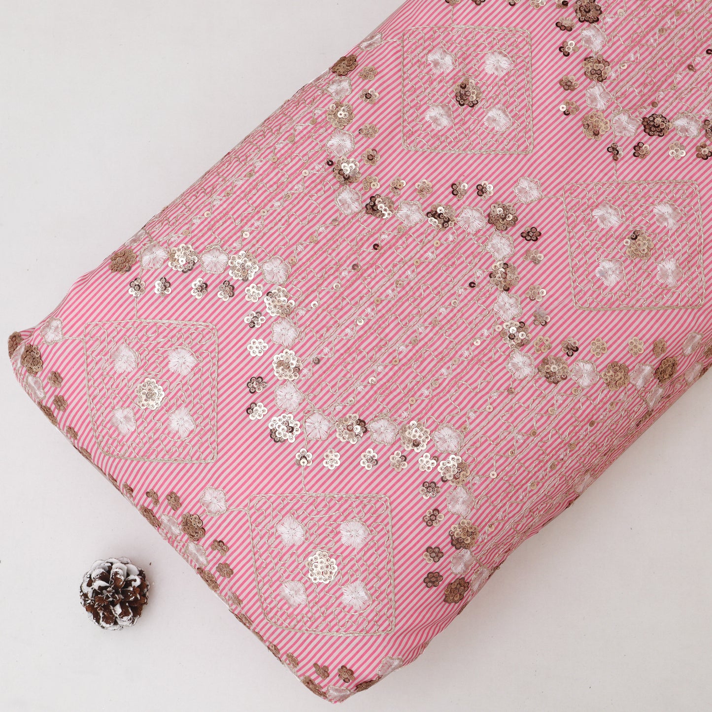 Cotton Sequins Stripe Embroidery Fabric