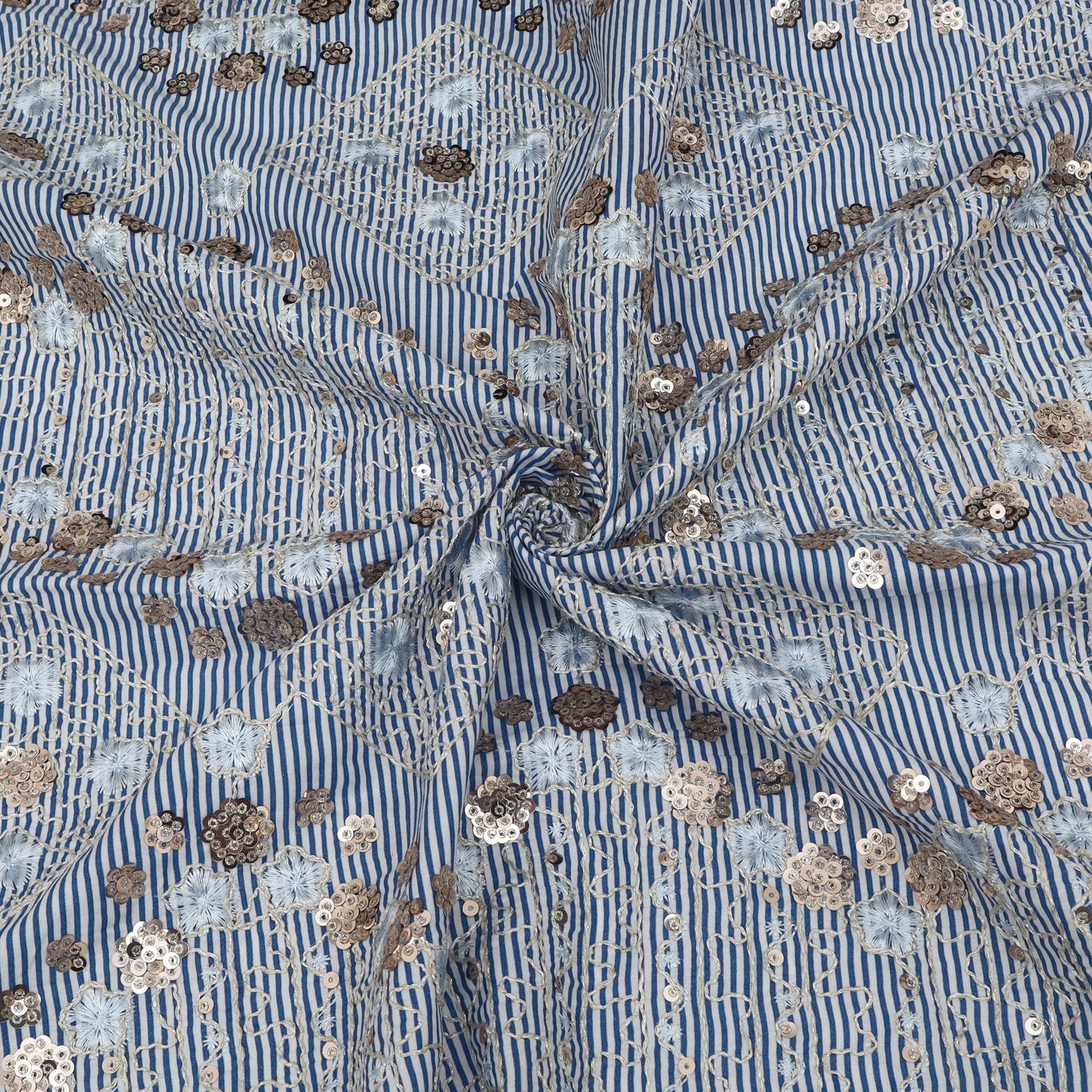 Cotton Sequins Stripe Embroidery Fabric