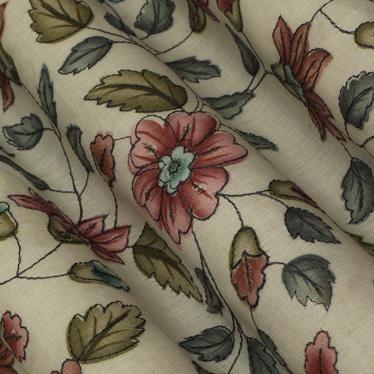 Cream Color Linen Sequence Print Embroidery Fabric