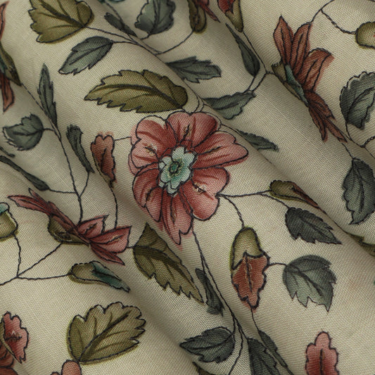 Cream Color Linen Sequence Print Embroidery Fabric