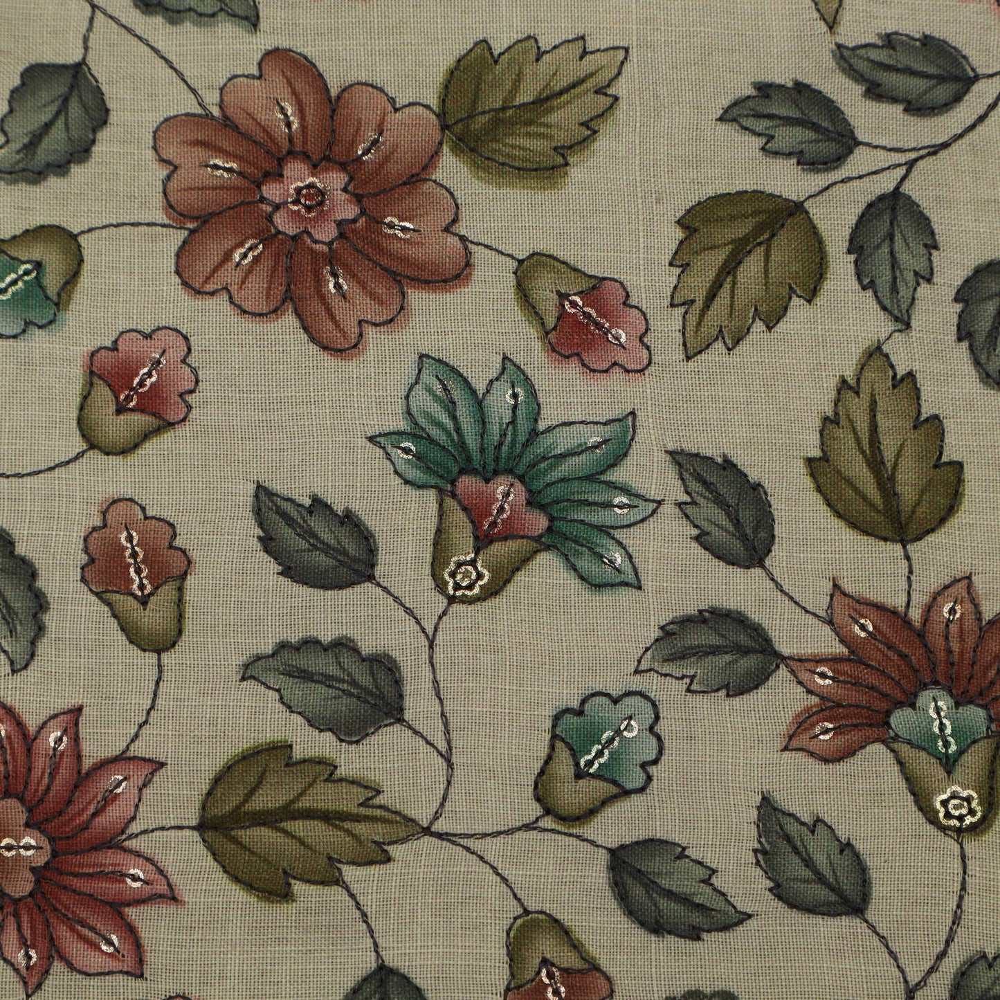 Cream Color Linen Sequence Print Embroidery Fabric