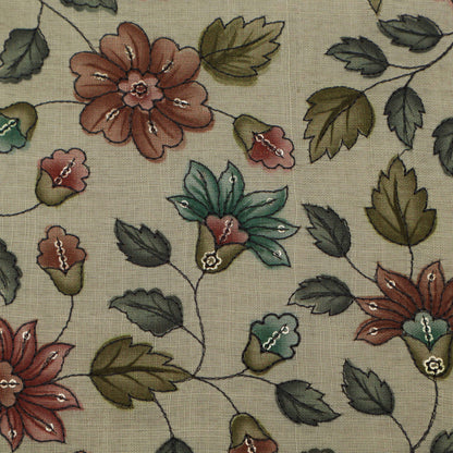 Cream Color Linen Sequence Print Embroidery Fabric