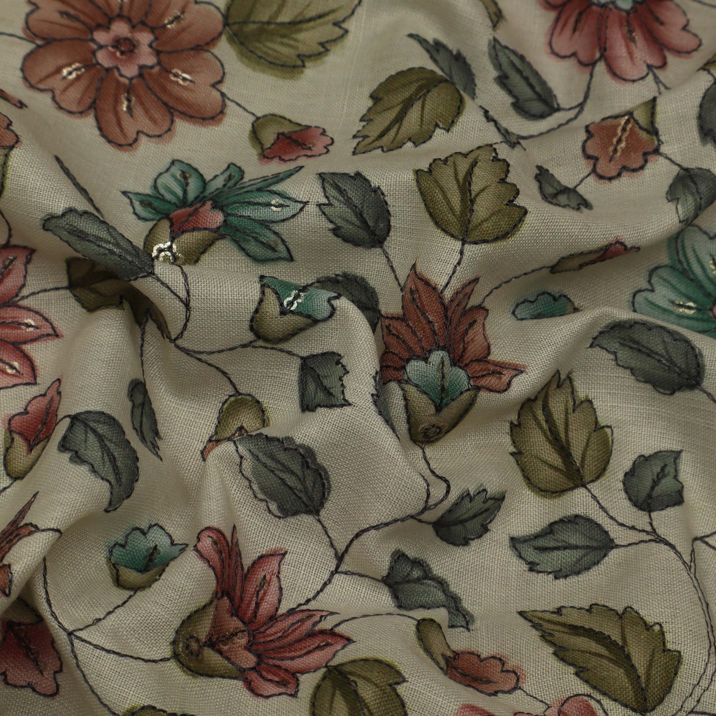 Cream Color Linen Sequence Print Embroidery Fabric