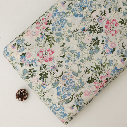Cotton Chikan Print Embroidery Fabric