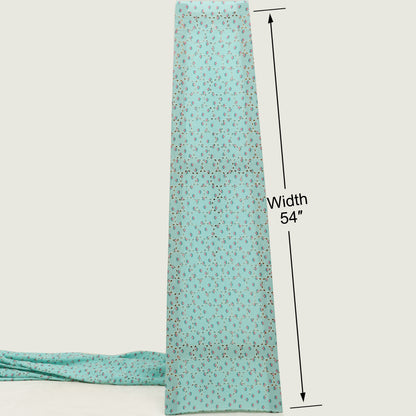 Teal fabric with a pattern and a measurement label on a white background
