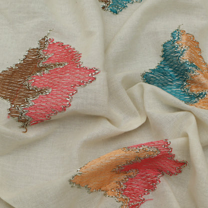 Off White Color Kora Cotton Embroidery Fabric