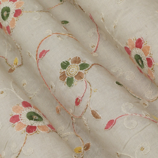 Off White Color Kora Cotton Embroidery Fabric