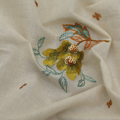 Off White Color Kora Cotton Embroidery Fabric