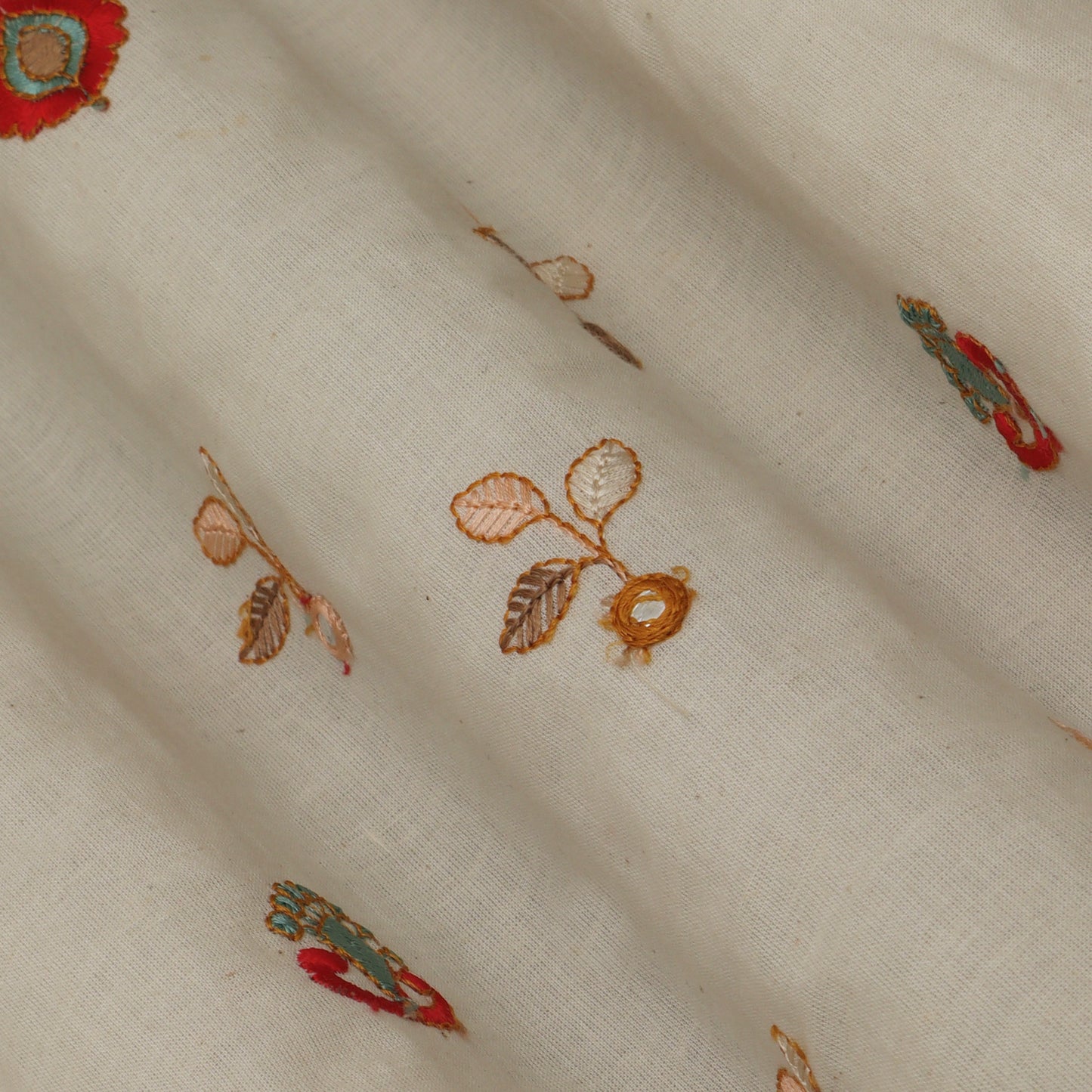 Off White Color Kora Cotton Embroidery Fabric