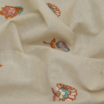 Off White Color Kora Cotton Embroidery Fabric