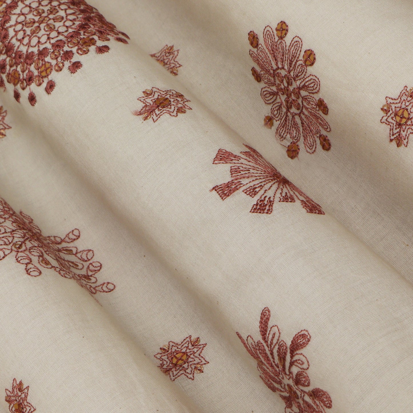 Off White Color Kora Cotton Embroidery Fabric