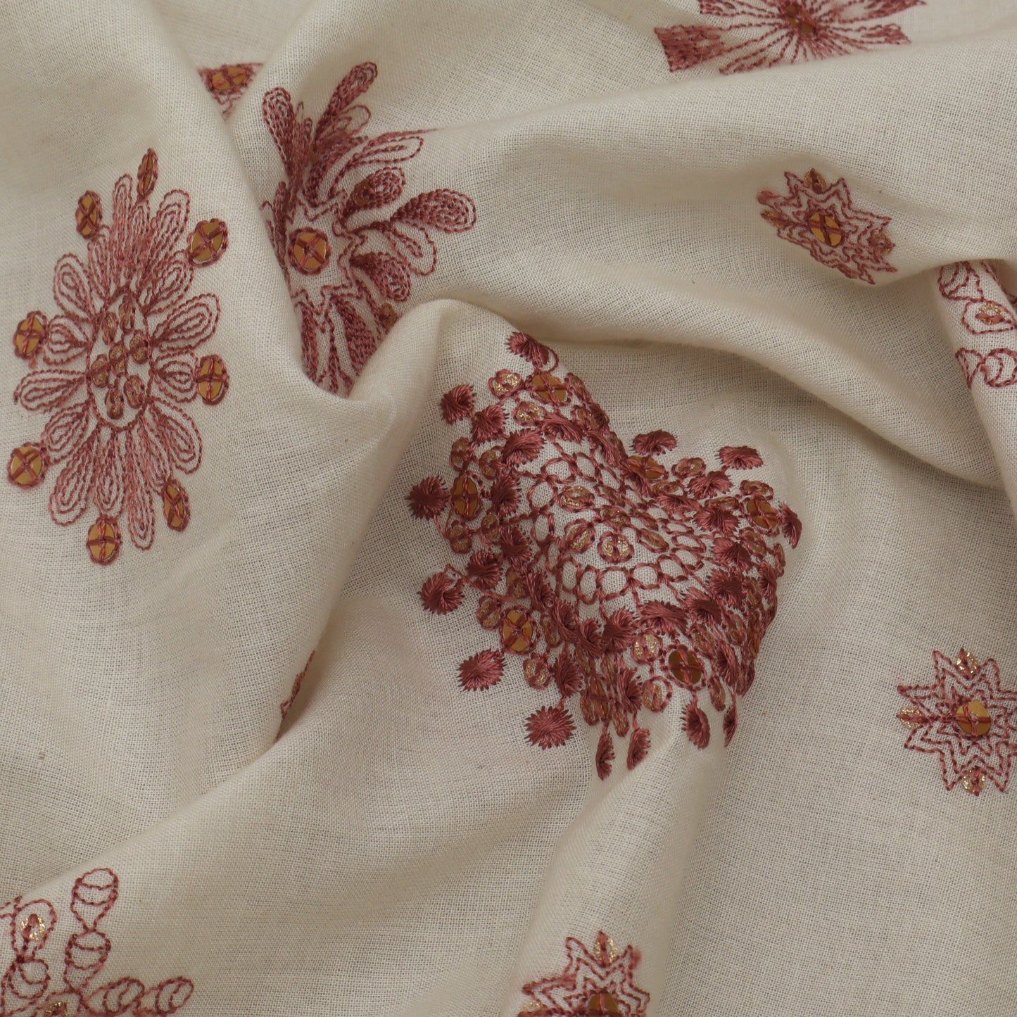 Off White Color Kora Cotton Embroidery Fabric