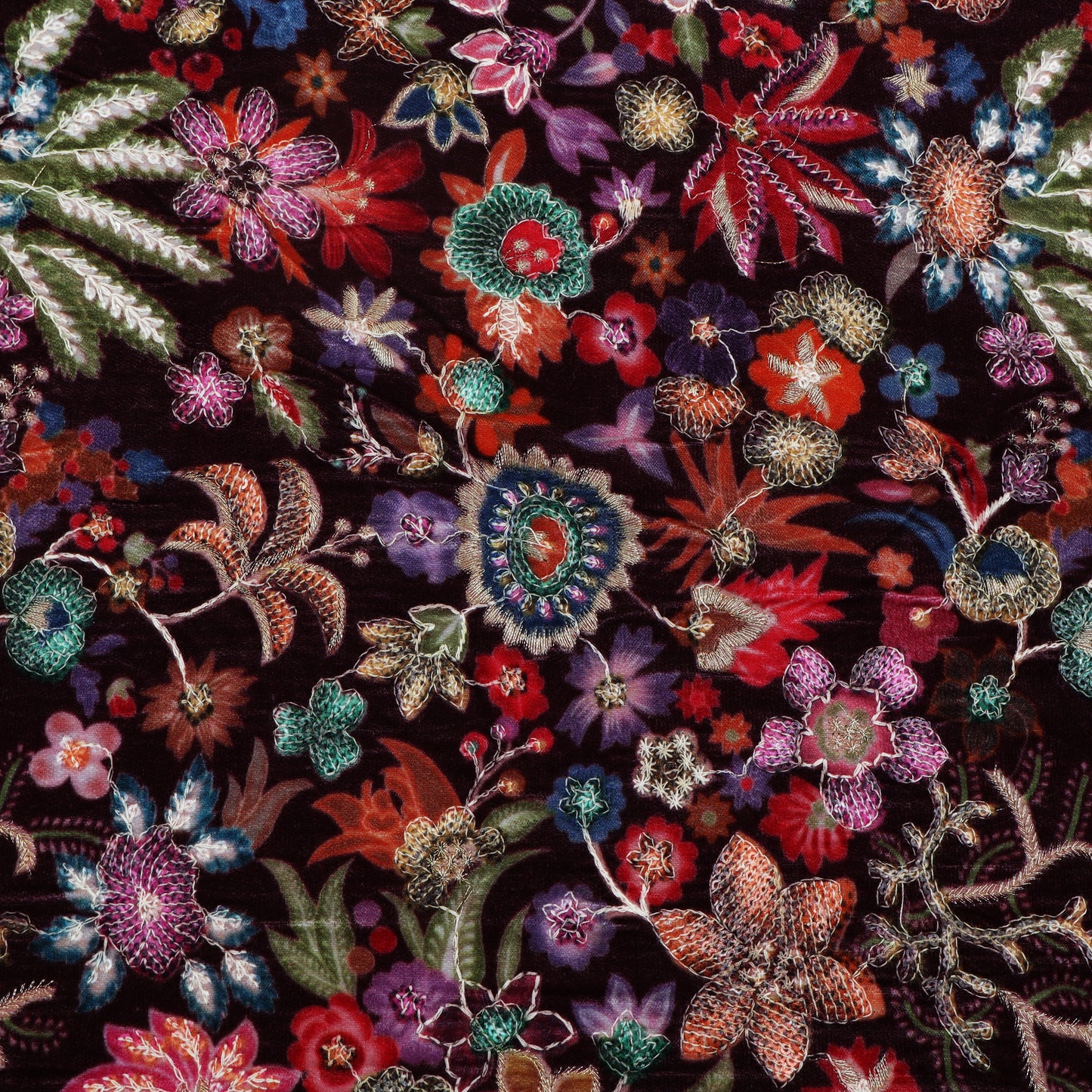 Purple Color Velvet Print Embroidery Fabric