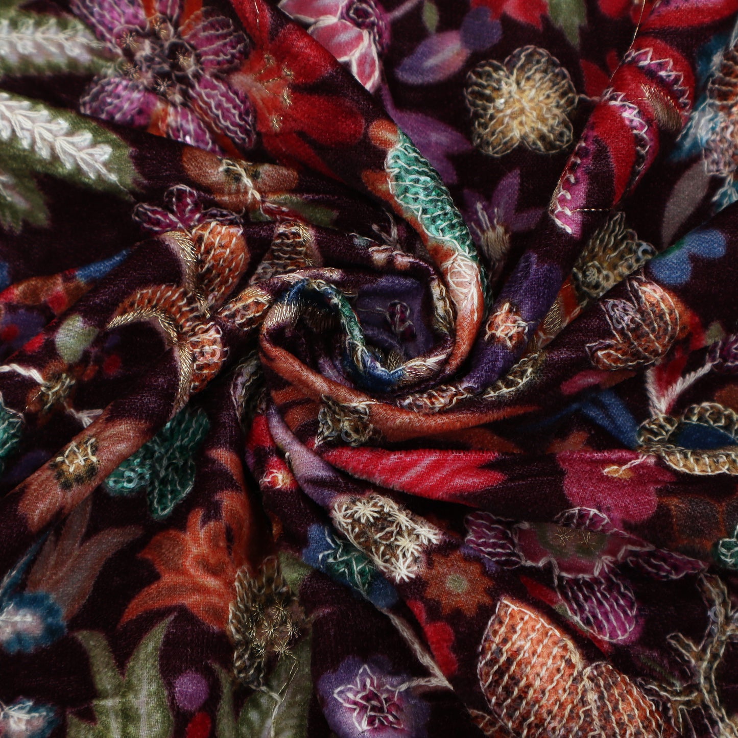 Purple Color Velvet Print Embroidery Fabric