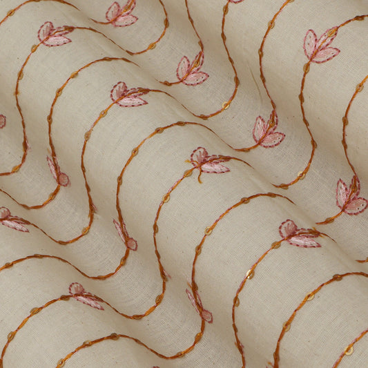 Off White Color Kora Cotton Embroidery Fabric