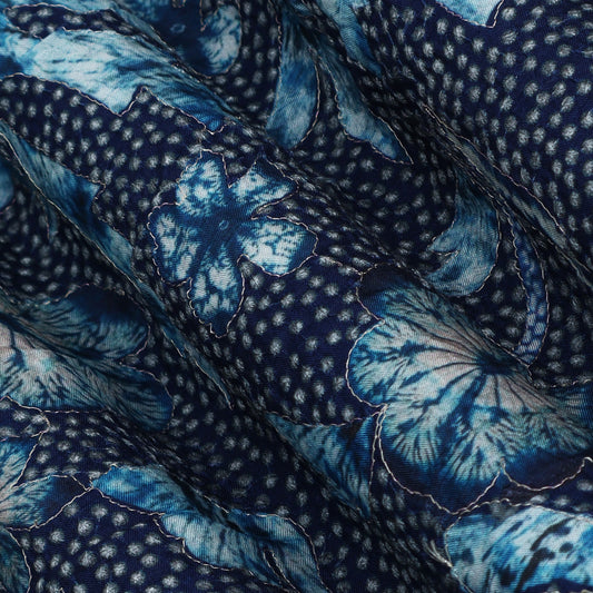 Blue Color Dola Silk Print Embroidery Fabric