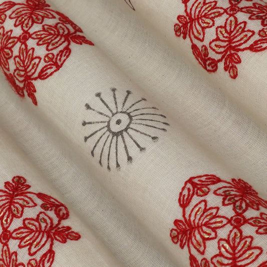 Off White Color Kora Cotton Embroidery Fabric