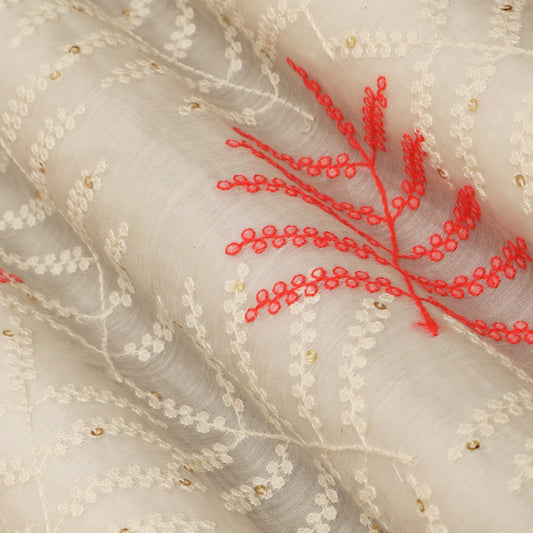 Off-White Color Chanderi Embroidery Fabric