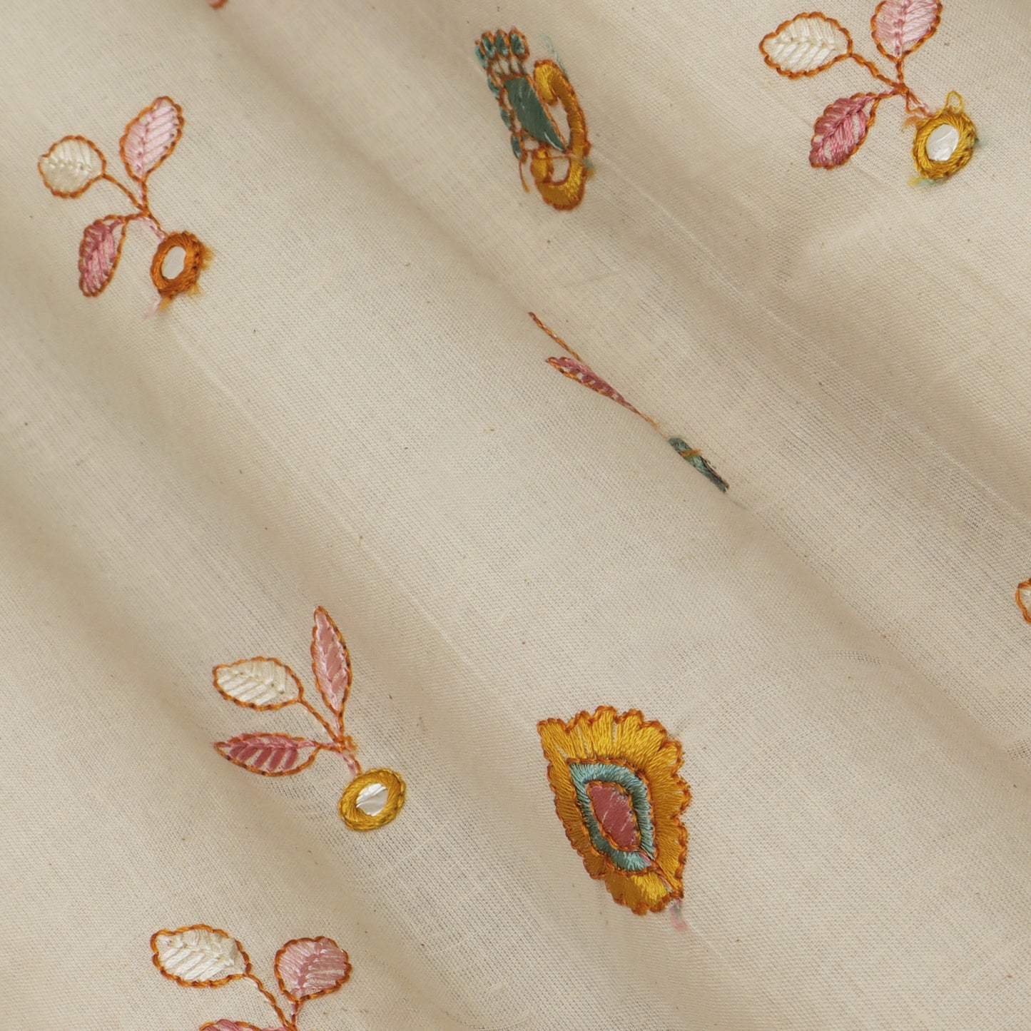 Off White Color Kora Cotton Embroidery Fabric