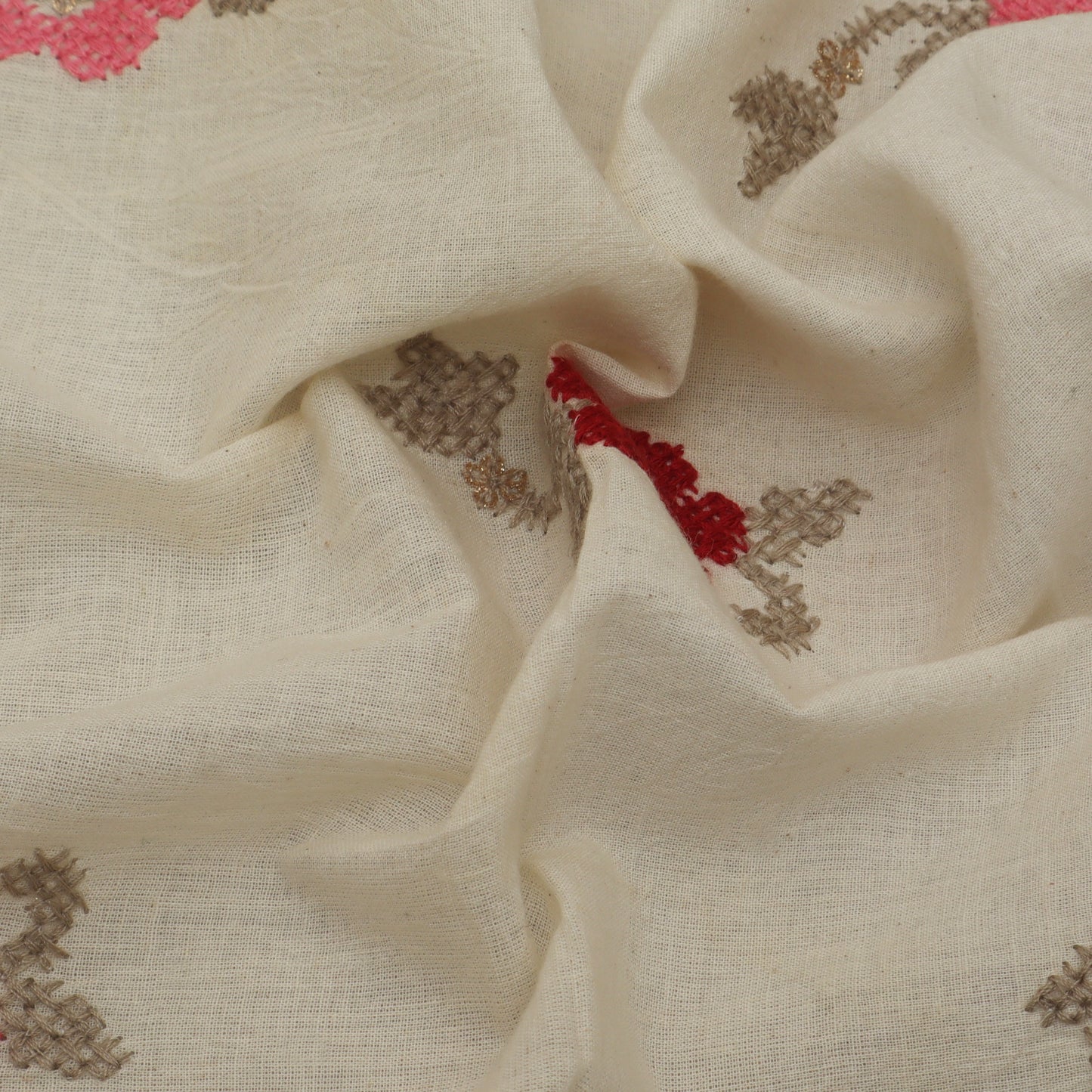 Off White Color Kora Cotton Embroidery Fabric