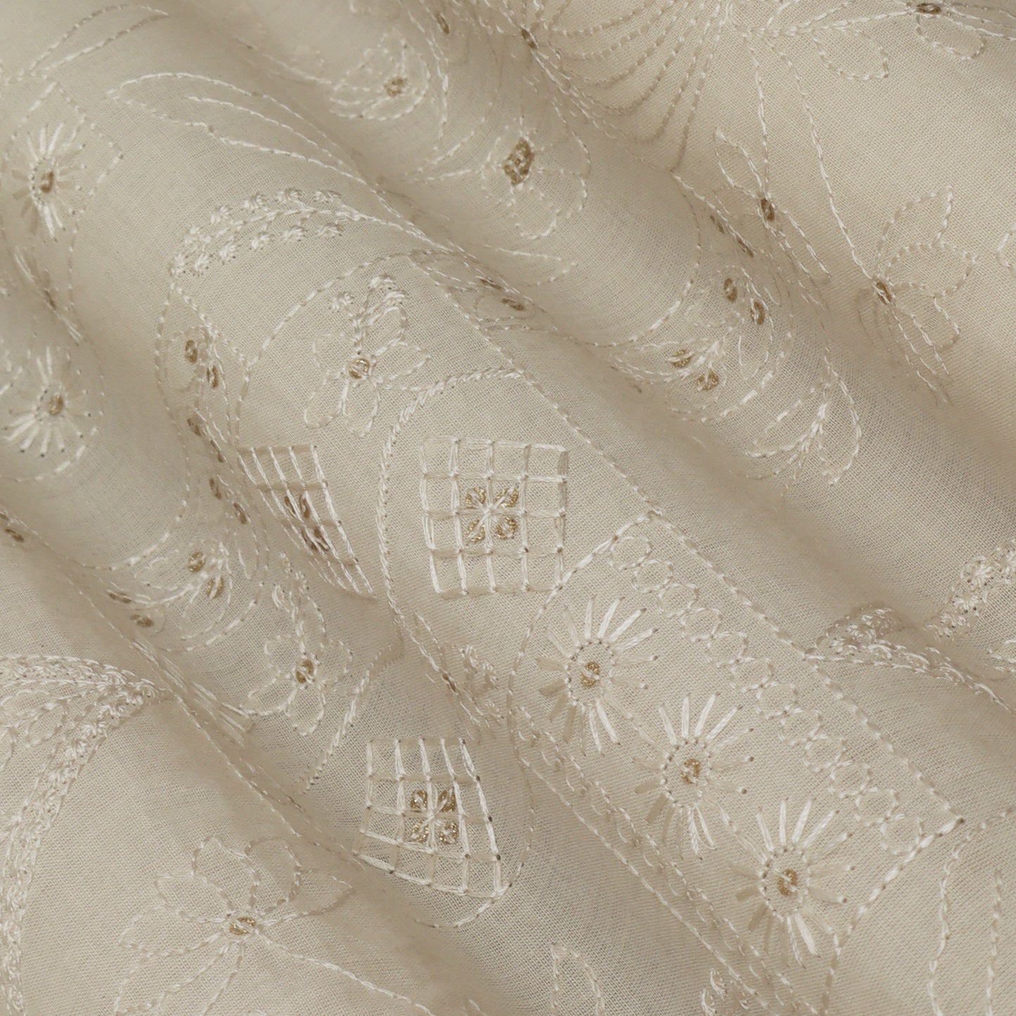 White Color Kora Cotton Embroidery Fabric