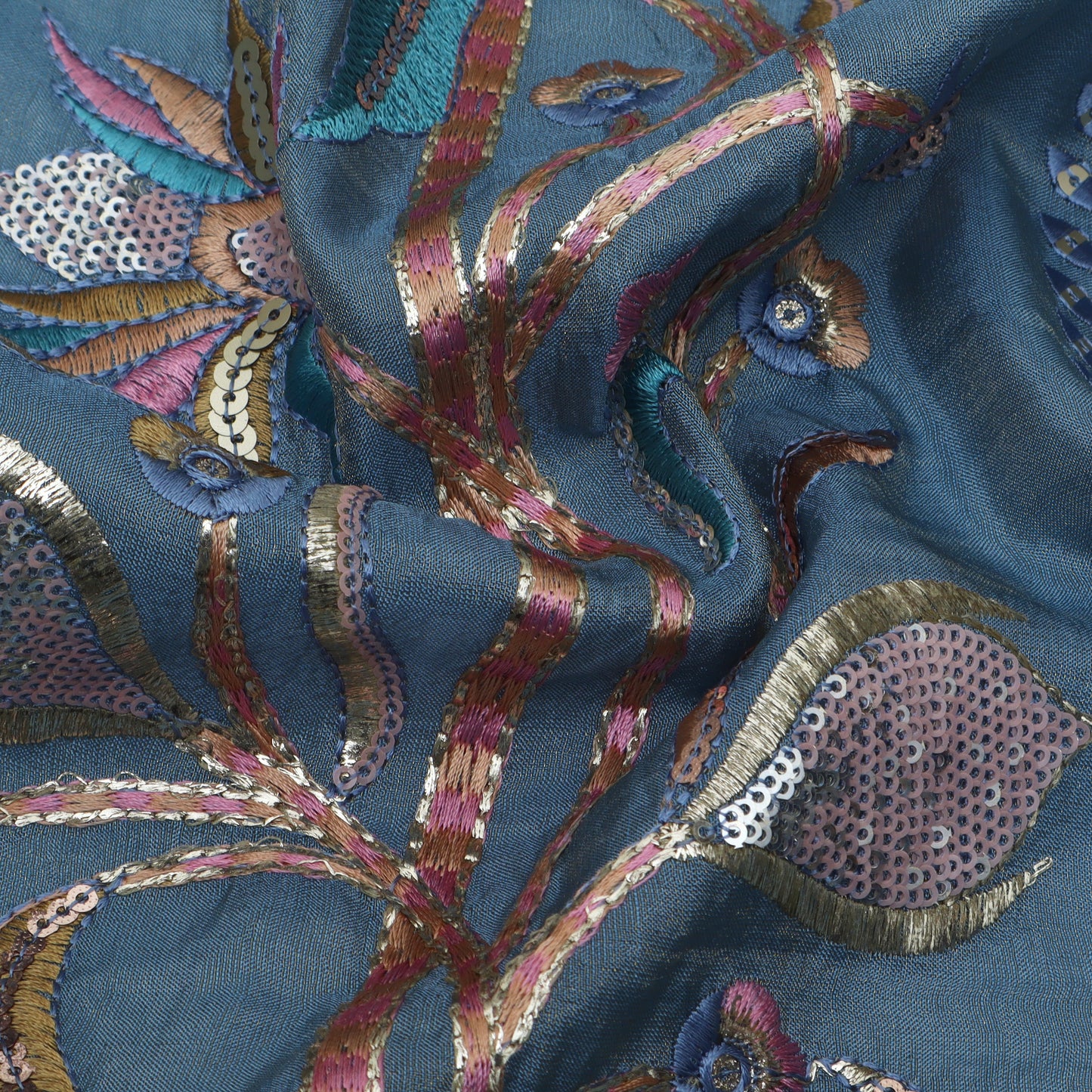 Blue Color Tissue Sequins Embroidery Fabric