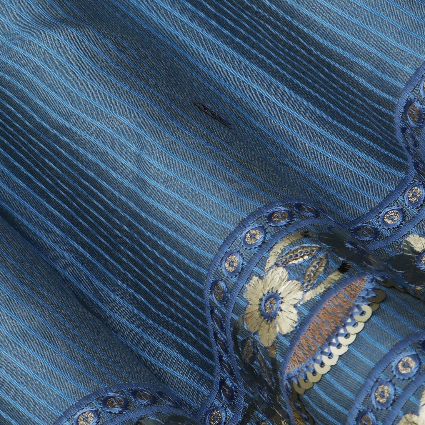 Blue Color Tissue Border Embroidery Fabric