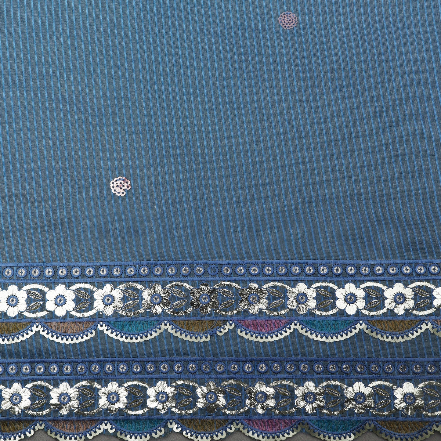 Blue Color Tissue Border Embroidery Fabric