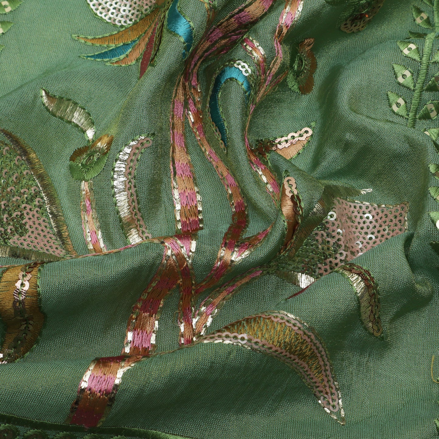 Green Color Tissue Sequins Embroidery Fabric