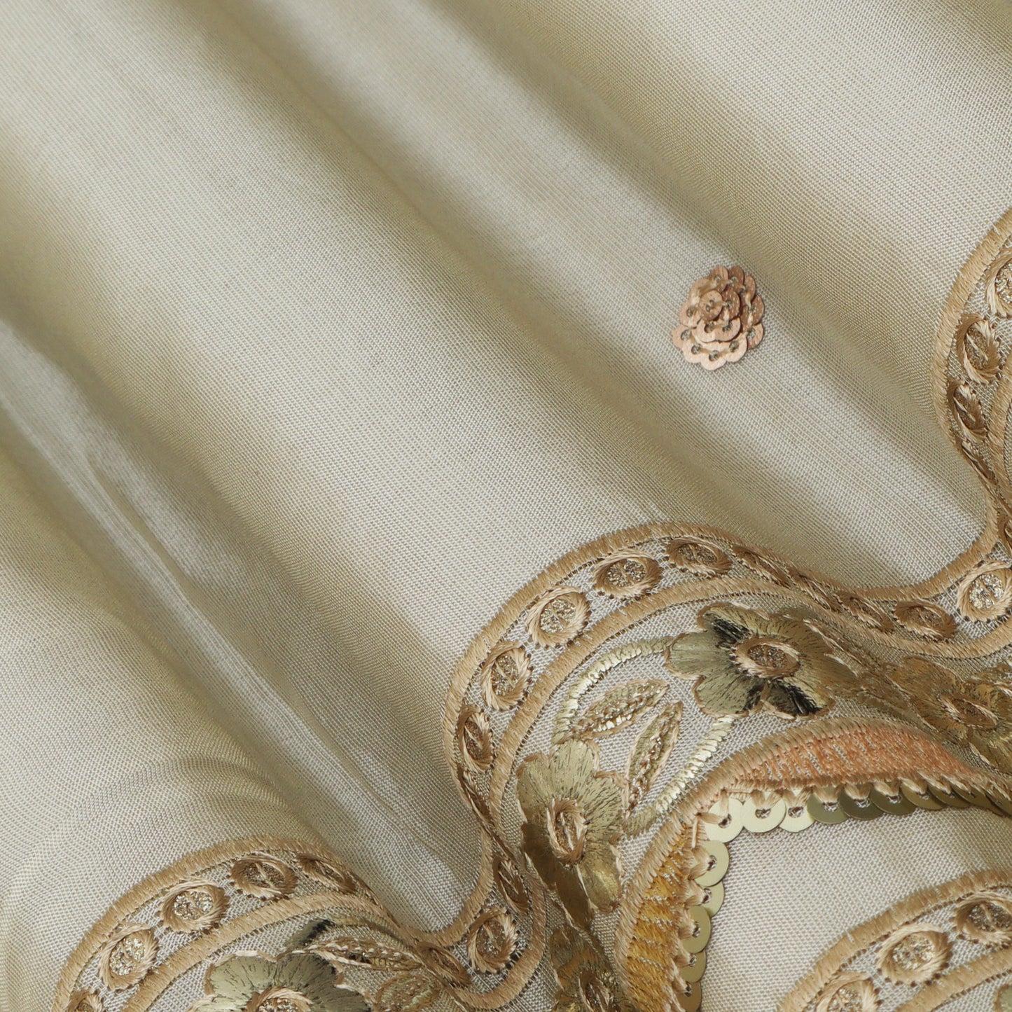 Beige Color Tissue Border Embroidery Fabric