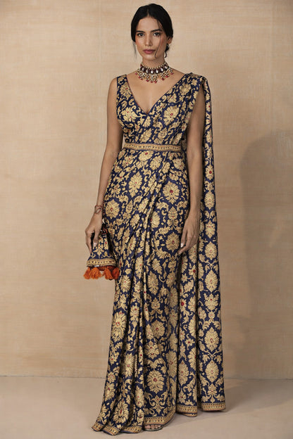 Navy Blue Kimkhab Brocade Fabric