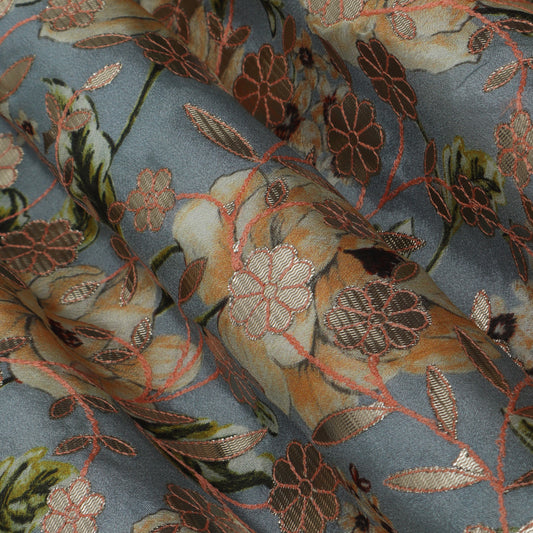 Grey Color Chinon Hydra Print Gota Work Fabric