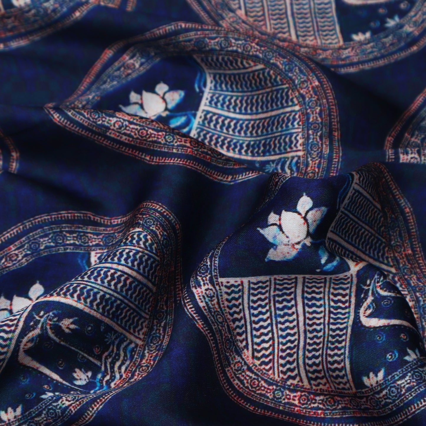 Blue Color Modal Satin Print Fabric