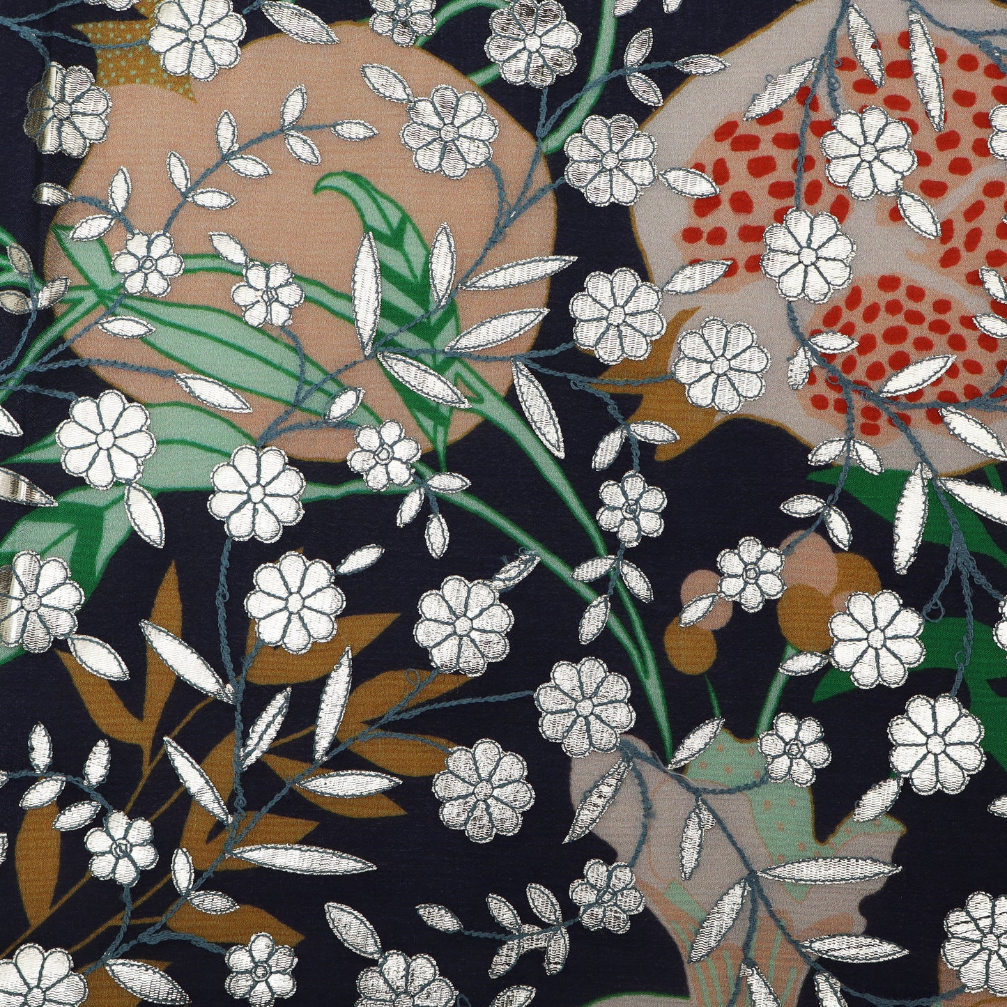 Navy Blue Color Chinon Hydra Print Gota Work Fabric