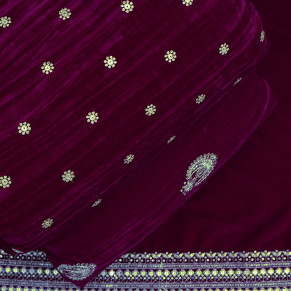 Magenta Color Velvet Embroidery Fabric